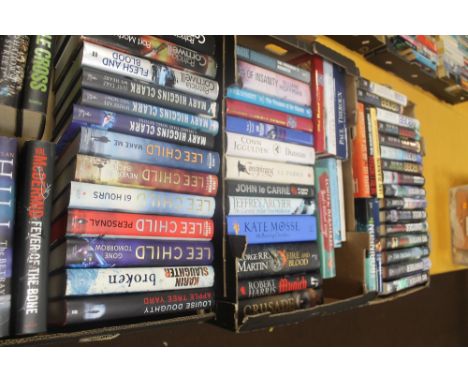 THREE BOXES OF MODERN FIRST EDITIONS WITH DUST JACKETS, mainly crime and historical fiction including Lee Child, Susan Hill, 