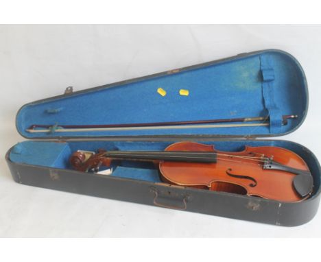 A TWO PIECE BACK VIOLIN IN CASE WITH BOW, (no internal label) the back of the violin 37 cm the overall length 60 cm