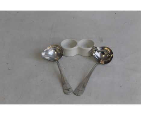 LUFTWAFFE- TWO SAUCE LADLES, together with a ceramic salt with Luftwaffe markings