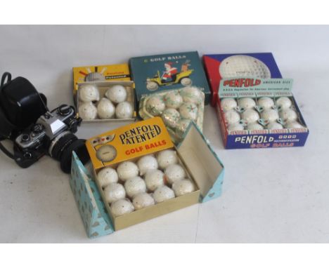 THREE BOXES OF 1960S VINTAGE UNOPENED GOLF BALLS together with a similar part box (one missing) and an Olympus OM10 35mm came