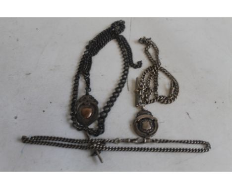 A SILVER POCKET WATCH CHAIN WITH ENAMEL FOB MEDAL OF WOLVERHAMPTON INTEREST, together with two other watch chains