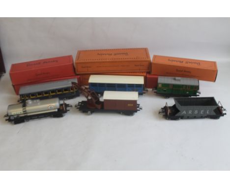 SIX BOXED HORNBY"0"GAUGE ROLLING STOCK, to include wagon number 1, number 2 animal wagon, Arbel hopper wagon, a restaurant ca
