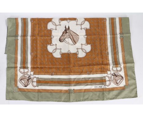 Celine of Paris silk scarf, with horses heads in profile to each corner and the centre, within horse tack border and stirrups