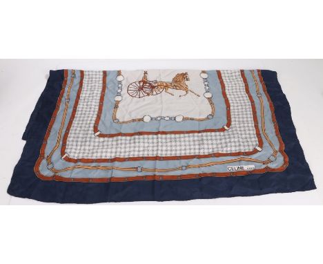 Celine of Paris scarf, centred with a horse and carriage within various blue, brown and white borders, signed to bottom right