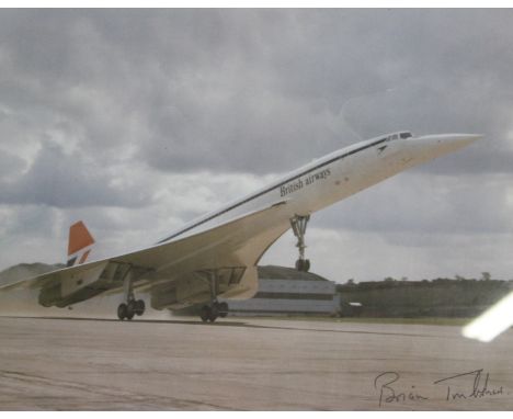 Photograph of Concorde taking off Signed lower right 'Brian Trubshaw', the first test pilot of Concorde 29 x 41cm 