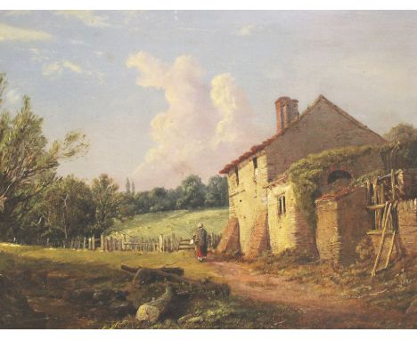 Continental SchoolFarm building with figure on a path Oil on canvasUnsigned28.5cm x 39cm;A modern landscape oil and a portrai