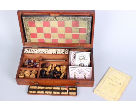 A Compendium of Games by F.H. Ayres London circa 1900, a mahogany box containing double six dominoes, cribbage, draughts/back