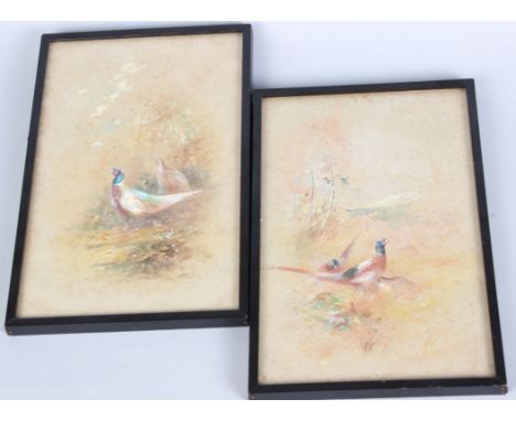 James Stinton (British, Royal Worcester porcelain artist 1870-1961)Pheasants in a landscapeWatercolours, a pairSigned24cm x 1