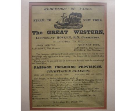 The S.S. Great Western - A 19th Century ‘Intention to Sail’ Printed Notification ‘Steam to New York - From Bristol Saturday 2