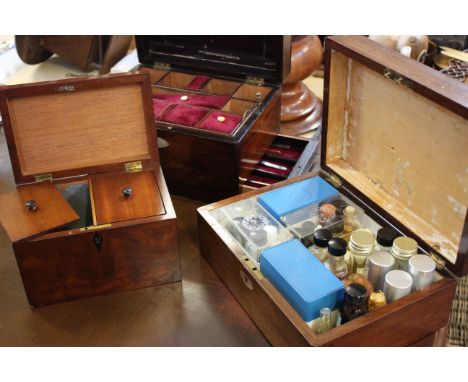 A 19th Century mahogany writing slope, a rosewood 19th Century sewing box and a 19th Century tea caddy.