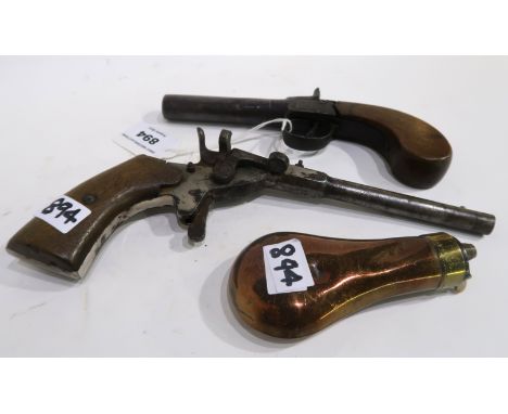 A lot comprising a percussion pocket pistol, another percussion pistol & a shot flask **PLEASE NOTE: THE LARGEST PISTOL HAS B