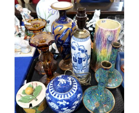 A lot comprising a pair of bottle form cloisonne vases, a pair of Bohemian flashed amber glass candlesticks, a Thomas Foreste