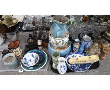 A lot comprising a Crown Devon blue glazed pitcher, a Handarbeit stoneware salt glazed decanter, cups and ewer, a William Ada