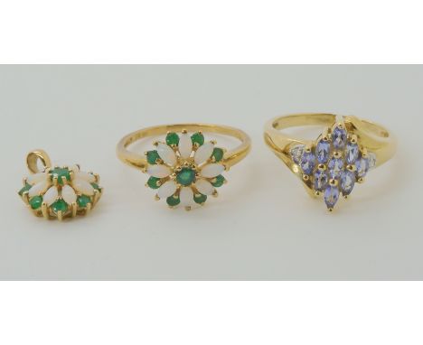 A 9ct gold opal and emerald flower ring size O1/2, with matching pendant, and a 9ct tanzanite cluster ring size N1/2, weight 