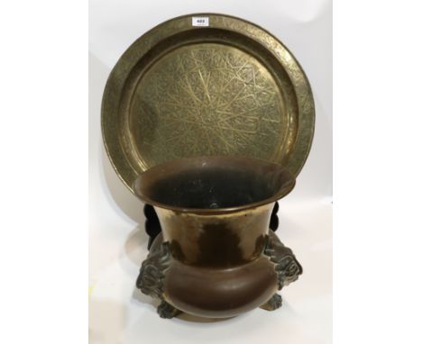 A large brass tray and a planter with animal mask and paw feet Condition Report: Available upon request