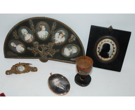 A painted portrait miniature of a gentleman, signed, small tartan ware cup, silhouette, printed miniatures in fan-shaped fram
