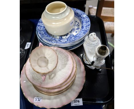 A lot comprising pink bordered Belleek Neptune Shell design cups, saucers and plate, a Limoges lamp base modelled as a Pierro