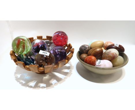 Assorted glass paperweights including Caithness, a Perthshire weight, Mdina and assorted hardstone eggs Condition Report: Ava