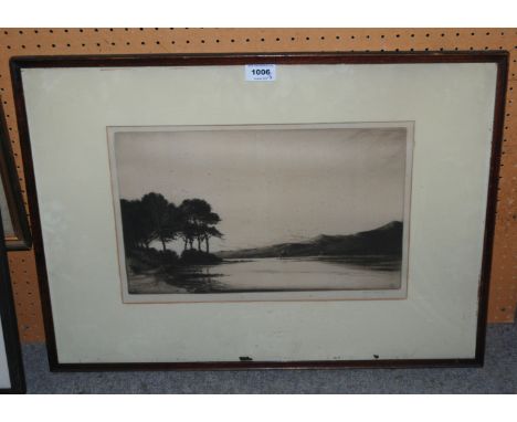FRED FARRELL Loch scene, signed, etching, 26 x 40cm and CONTINENTAL SCHOOL Landscape, oil on board, 12 x 17cm (2) Condition R