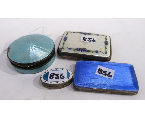 A lot comprising a silver &amp; enamel box, two silver &amp; enamel cigarette cases &amp; a silver and enamel pill box, assor