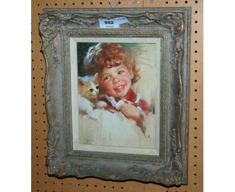 JOHN TOWNSEND Portrait of a child and kitten, oil on board, 22 x 16cm Condition Report: Available upon request