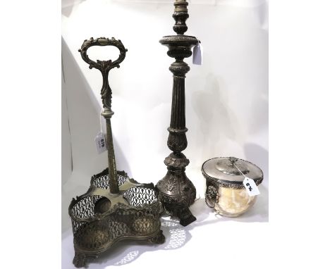 A lot comprising a silver plated 3-bottle decanter stand, a table lamp &amp; an ice bucket Condition Report: Available upon r