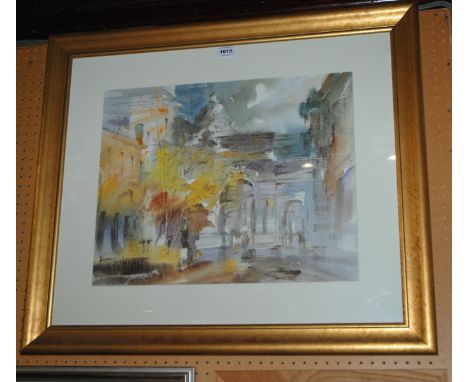 CONTINENTAL SCHOOL Archway, signed, watercolour, 39 x 49cm, and SUE MACKECHNIE Neck exercise I and II, coloured etching, 45 x