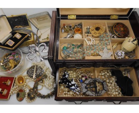 Two jewel caskets full of vintage costume to include A Pierot egg shaped trinket box, item by Miracle, a replica Lea Sytein F