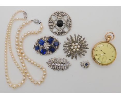 A gold plated Tempus pocket watch, and a collection of vintage costume jewellery to include a diamante clip brooch Condition 