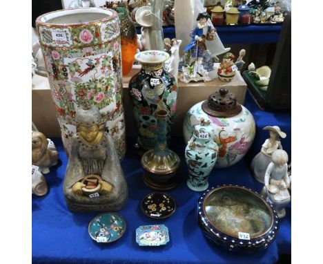 A collection of Japanese and Chinese items including closionne vase, and dishes, ginger jar with wooden lid, turquoise glazed