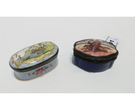A Bilston enamel snuff box painted with a cockfighting scene. together with another snuff box possibly BatterseaCondition Rep