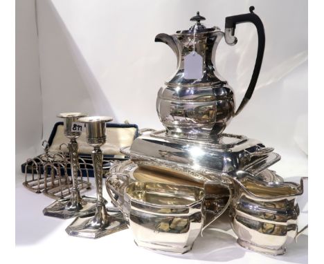 A tray lot of EP - tea service, candlesticks, salver etc. Condition Report: Available upon request