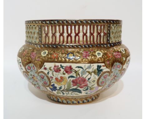 A Fischer of Budapest reticulated planter, 21.5cm high Condition Report: crazed & losses to gilt, particularly around the ret