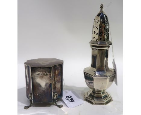 A lot comprising a silver sugar castor, Birmingham 1905, 17.5 cm high &amp; a silver coffee caddy, rubbed marks 7 cm high 236