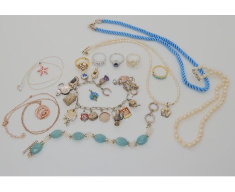 Two cultured pearl necklaces, a silver and white metal charm bracelet, a silver opal and diamond ring and other items of silv