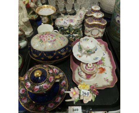 A lot comprising a green &amp; gilt Spode goblet decorated with birds, a cup and saucer decorated with encrusted forget-me-no