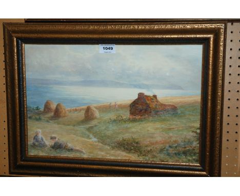 R B JOHNSTON Figures and hay stacks before a loch, signed, watercolour, 28 x 42cm Condition Report: Available upon request