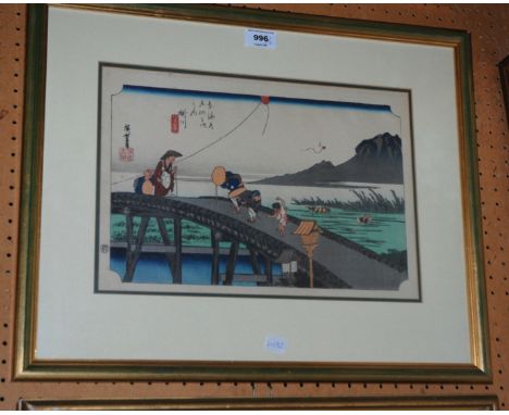 JAPANESE SCHOOL Figures crossing bridge and another, print ,25 x 37cm (2) Condition Report: Available upon request