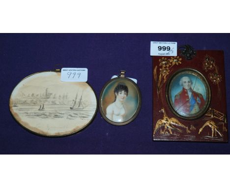BRITISH SCHOOL Caroline Countess of Queensberry, portrait miniature, watercolour, 6.5 x 5.5cm, AFTER ROMNEY portrait of a Duk