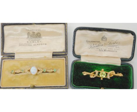 A 9ct gold opal, emerald and pearl brooch, and a green gem and pearl brooch, weight combined 5.3gms Condition Report: Green g