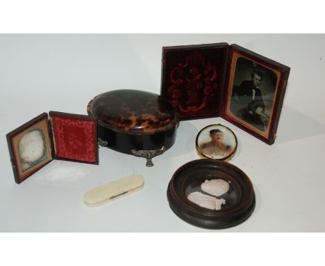 A portrait miniature of a soldier, 7.5cm, two daguerreotypes, tortoiseshell box (af) etc Condition Report: Available upon req