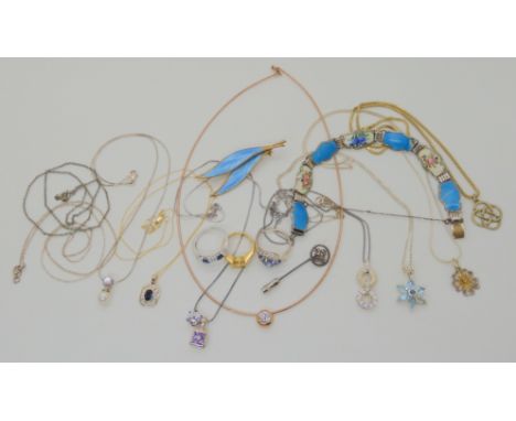 A silver gilt David Andersen blue enamel leaf brooch, a silver and enamelled bracelet by Hans Myhre and a collection of silve