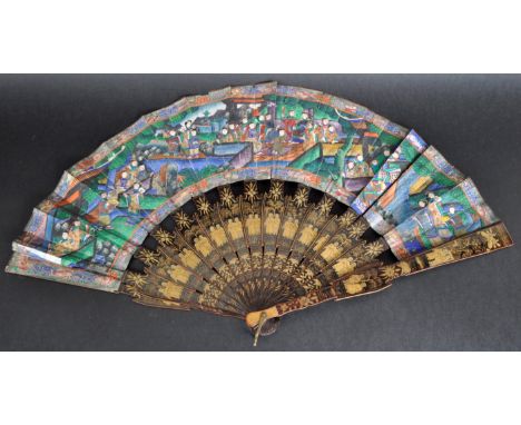 A 19th Century Chinese hand painted fan in case. Black lacquer case with gilded decoration. The fan having hand painted decor