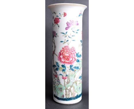 A 19th Century Chinese Kangxi mark porcelain sleeve vase. Hand painted floral sprays in polychrome enamels with flared rim an