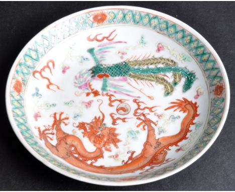 A 19th Century Chinese Qianlong mark porcelain plate. The plate with hand painted polychrome decoration depicting dragon &amp