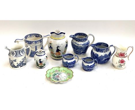 A mixed box of ceramics to include Spode blue and white, Quimper jugs, the tallest 20.5cmH, crescent ware, Old Chelsea and a 