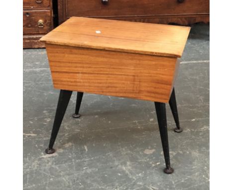 A mid century sewing table, on ebonised dansette legs, 54cmW; magazine rack; drop-leaf coffee table; and a four-fold mesh fir