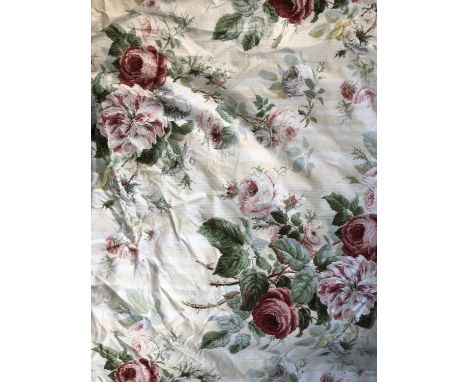 A pair of heavy curtains featuring a rose design, lined and interlined (thermal), 215cm drop x 180cm ungathered width, with p