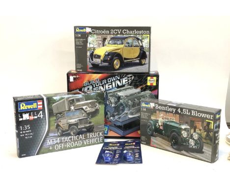Three Revell models comprising Bentley Blower, Citroen Charleston, m34 Tactical Truck &amp; off-road vehicle, all boxed; toge