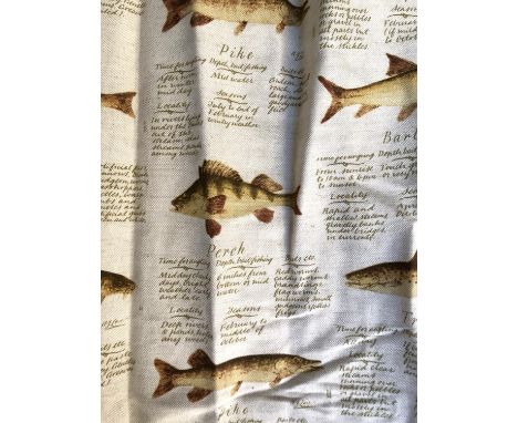 Two pairs of heavy curtains with fresh water fish design, lined and interlined (thermal), 227cm drop x 80cm width at pinch pl
